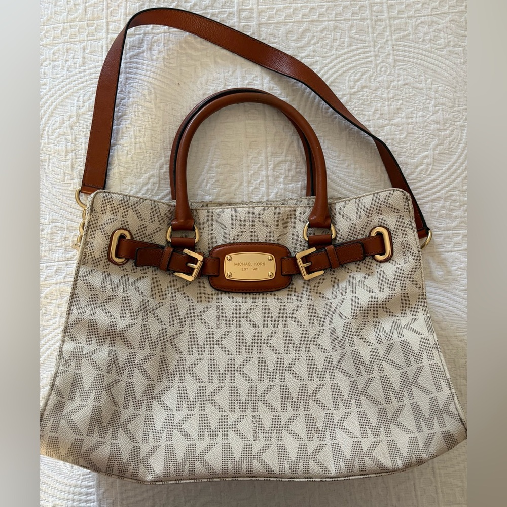 Michael Kors Brown and Cream Shoulder Bag with Monogram Pattern